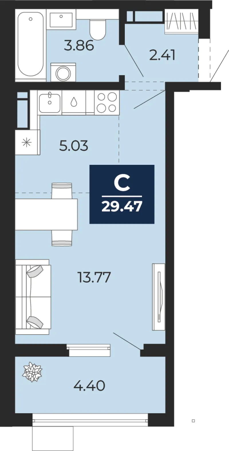 Студия 29.5 м²