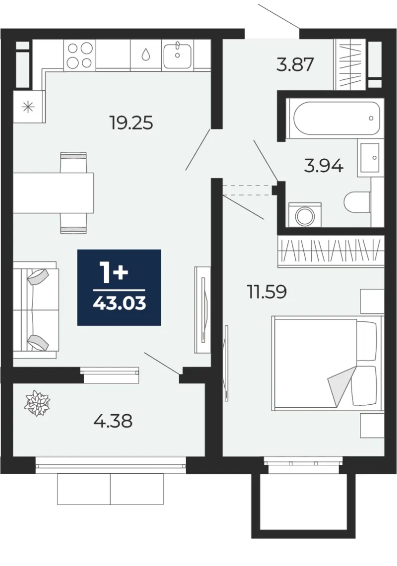 1-комн. 43 м²