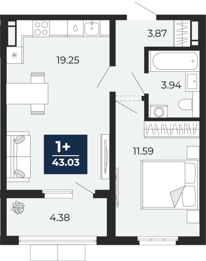 1-комн. 43 м²