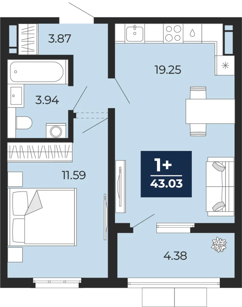 1-комн. 43 м²