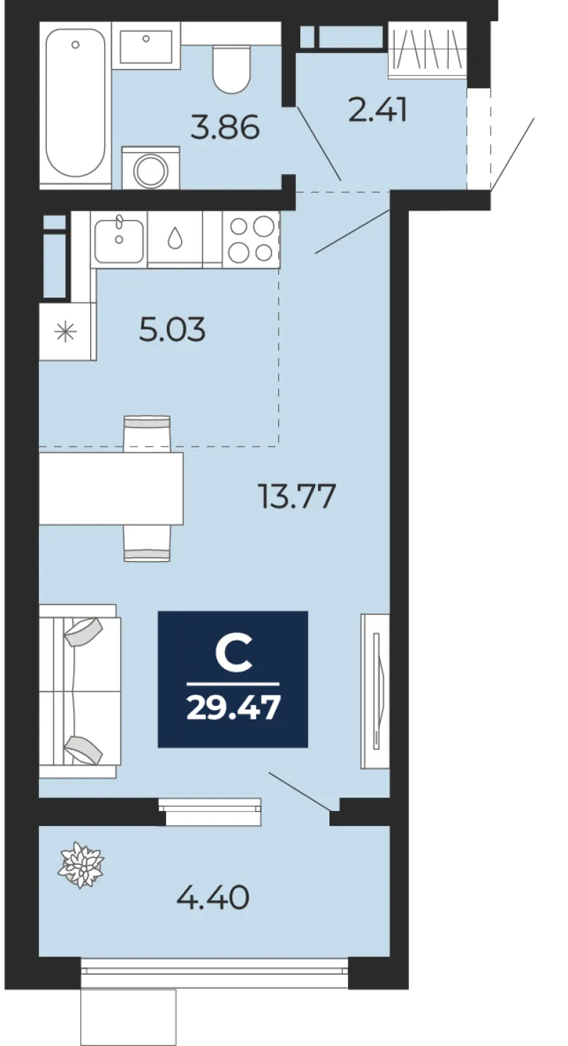 Студия 29.5 м²