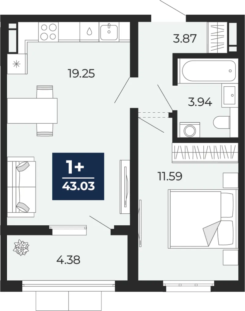 1-комн. 43 м²
