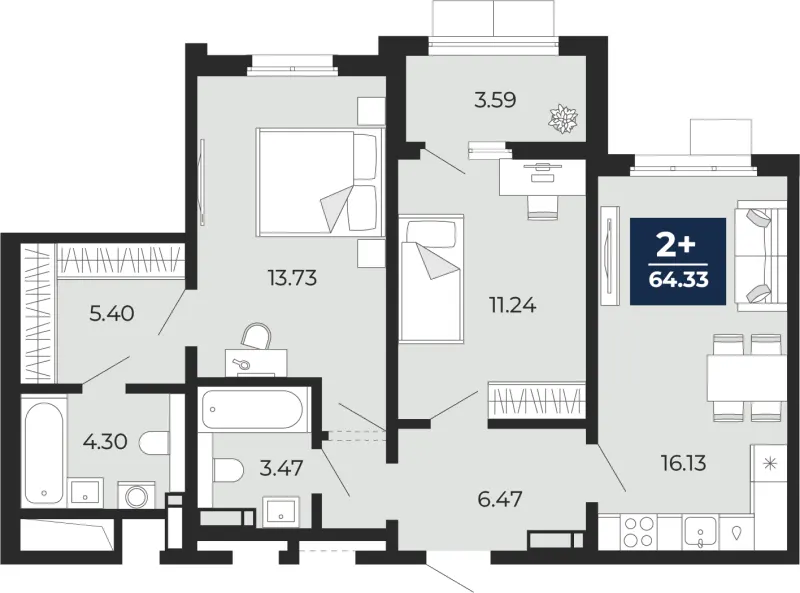 2-комн. 64.3 м²