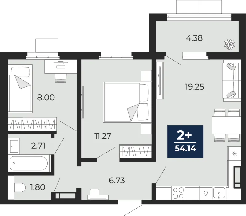 2-комн. 54.1 м²