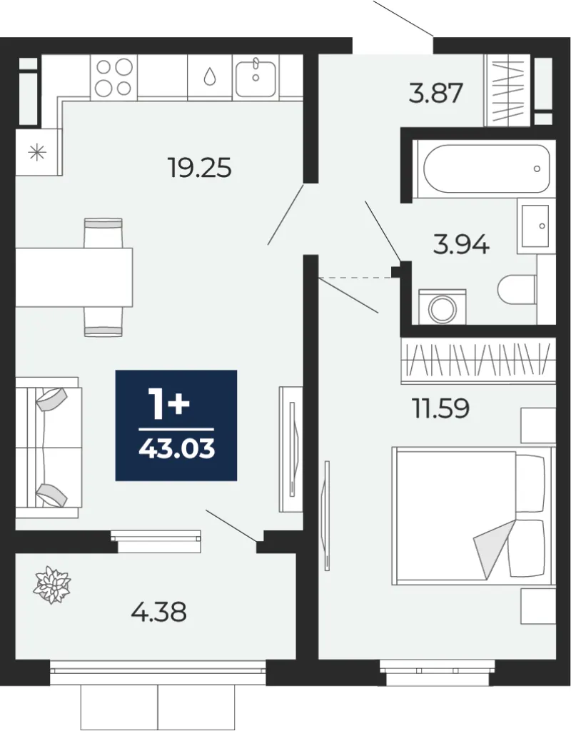 1-комн. 43 м²