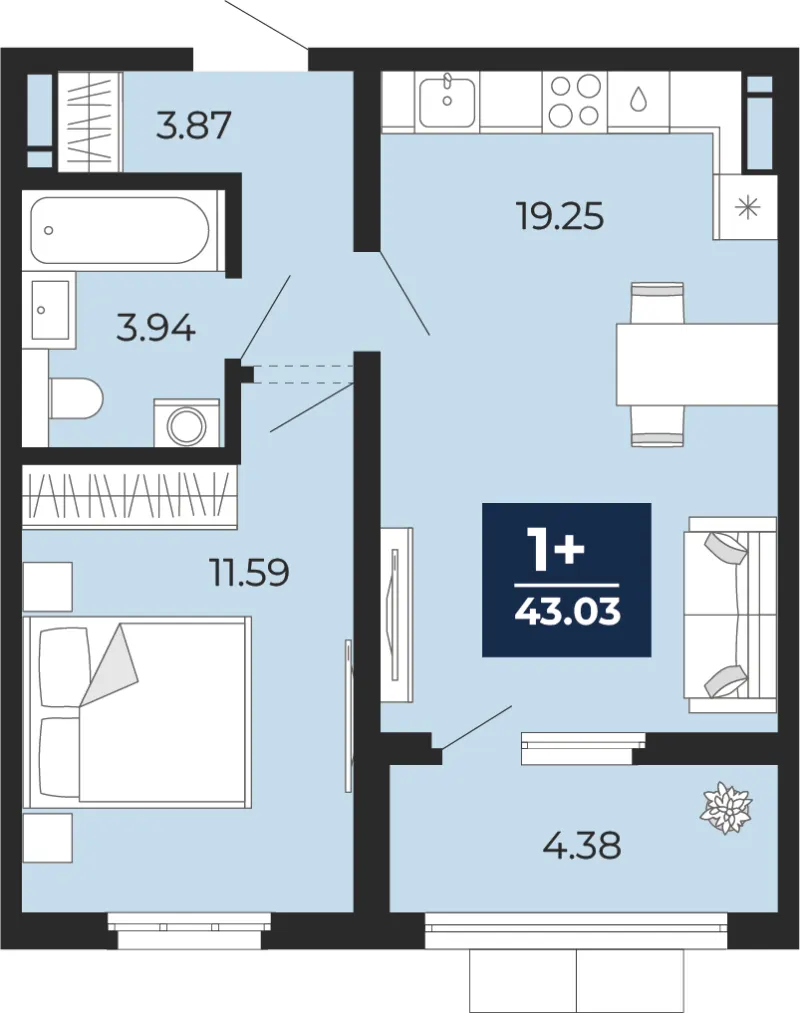 1-комн. 43 м²