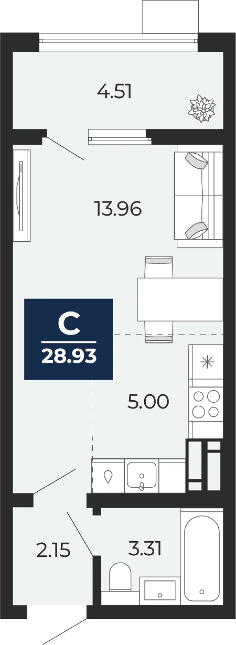 Студия 28.9 м²