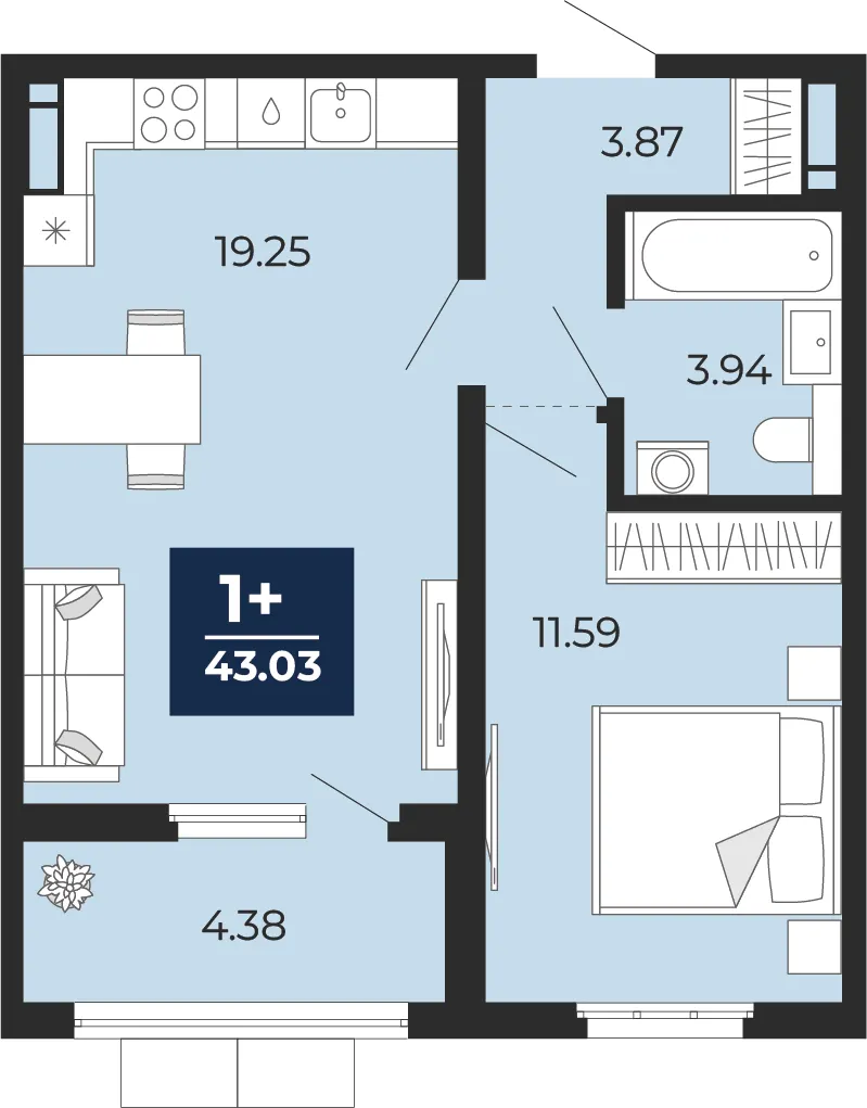 1-комн. 43 м²