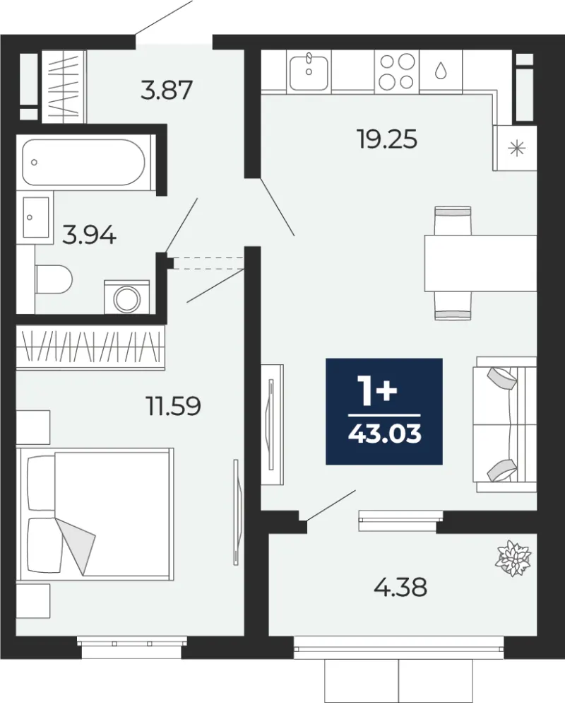 1-комн. 43 м²