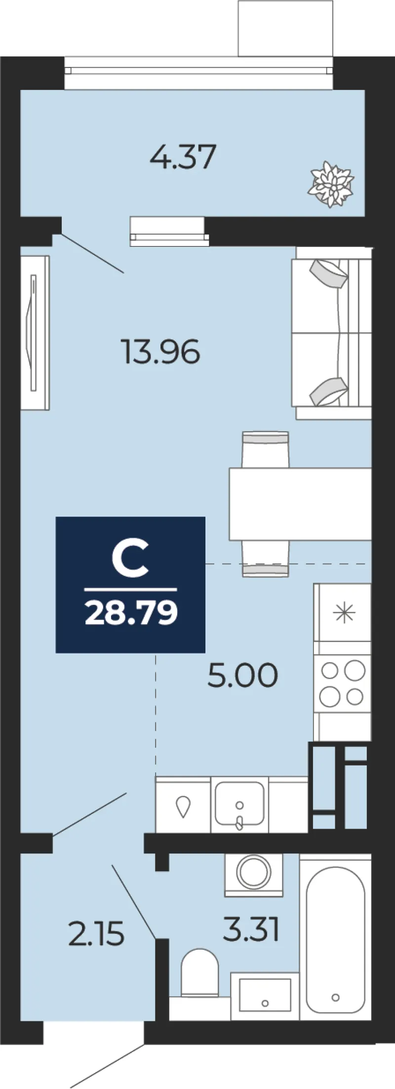 Студия 28.8 м²