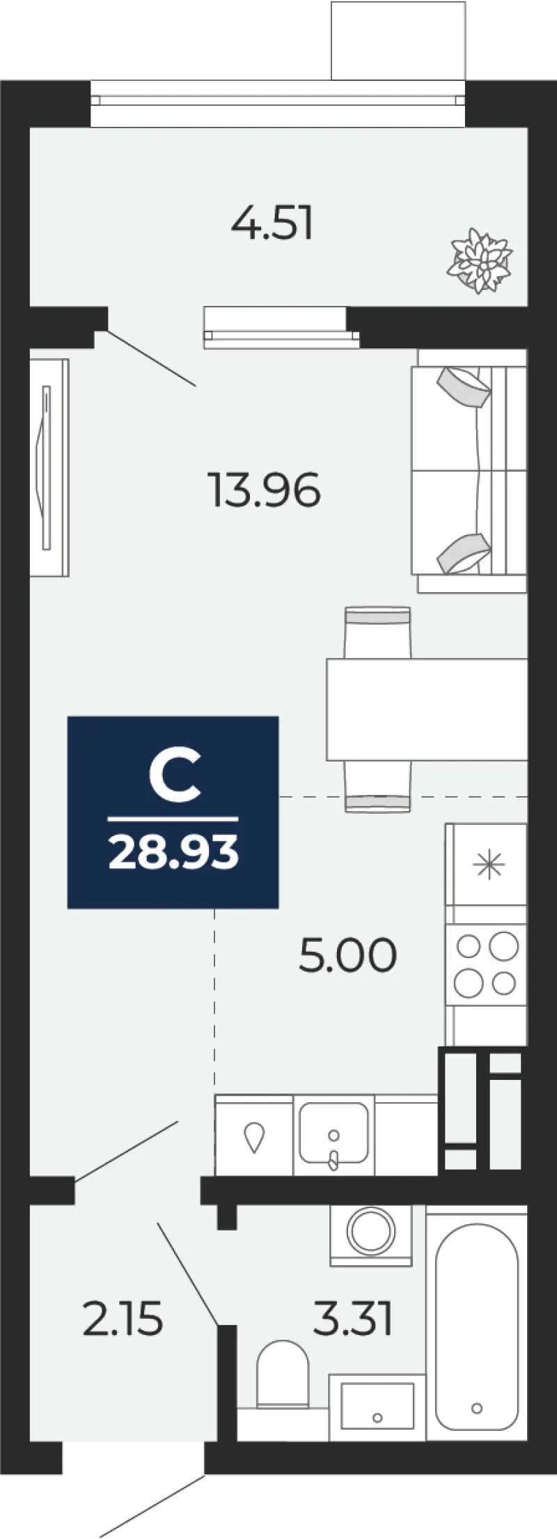 Студия 28.9 м²