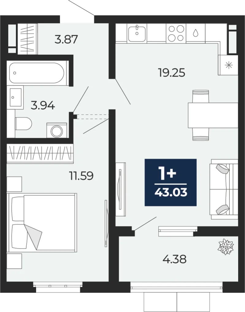 1-комн. 43 м²