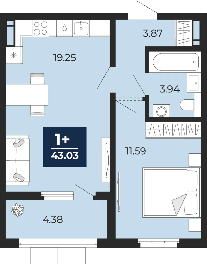 1-комн. 43 м²