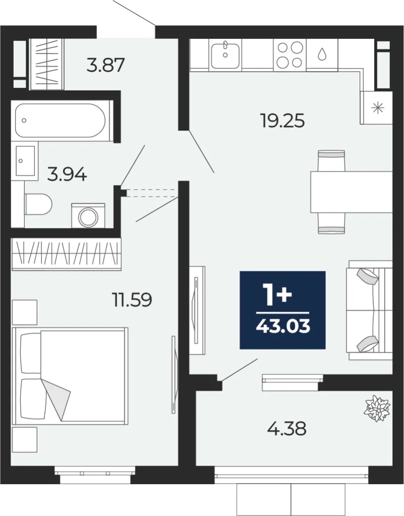 1-комн. 43 м²