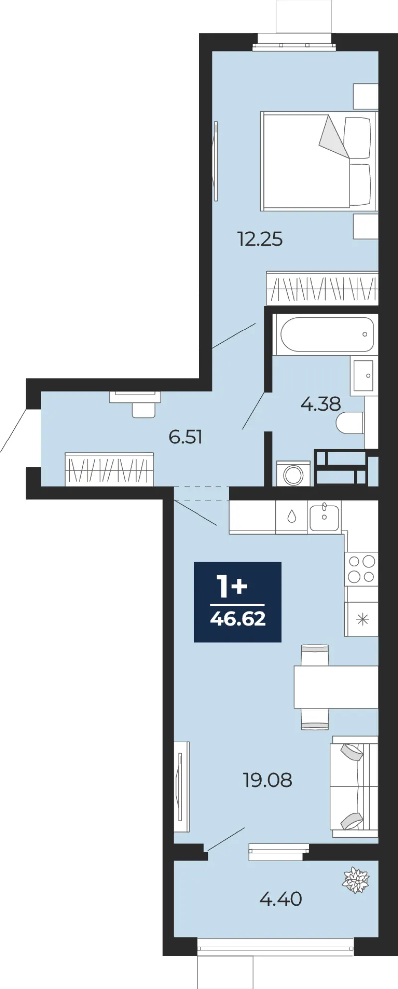 1-комн. 46.6 м²
