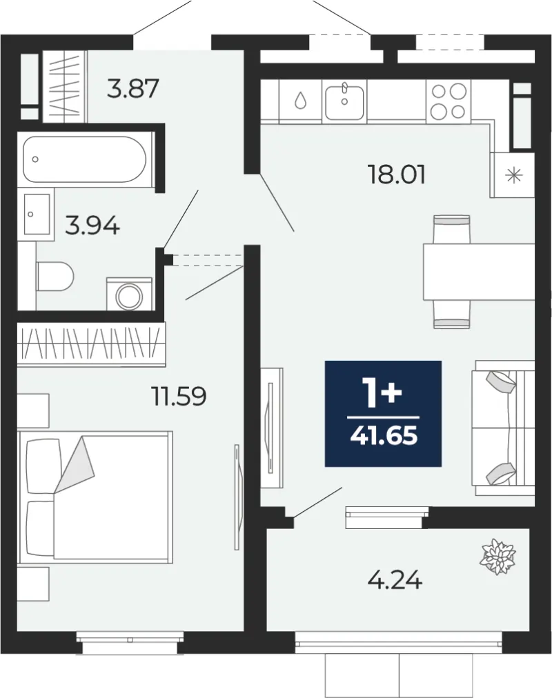1-комн. 41.7 м²