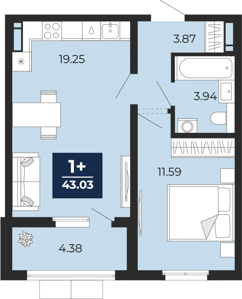 1-комн. 43 м²
