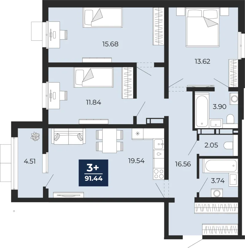 3-комн. 91.4 м²