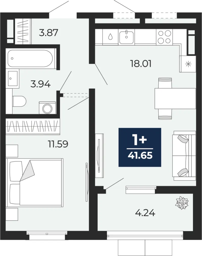 1-комн. 41.7 м²
