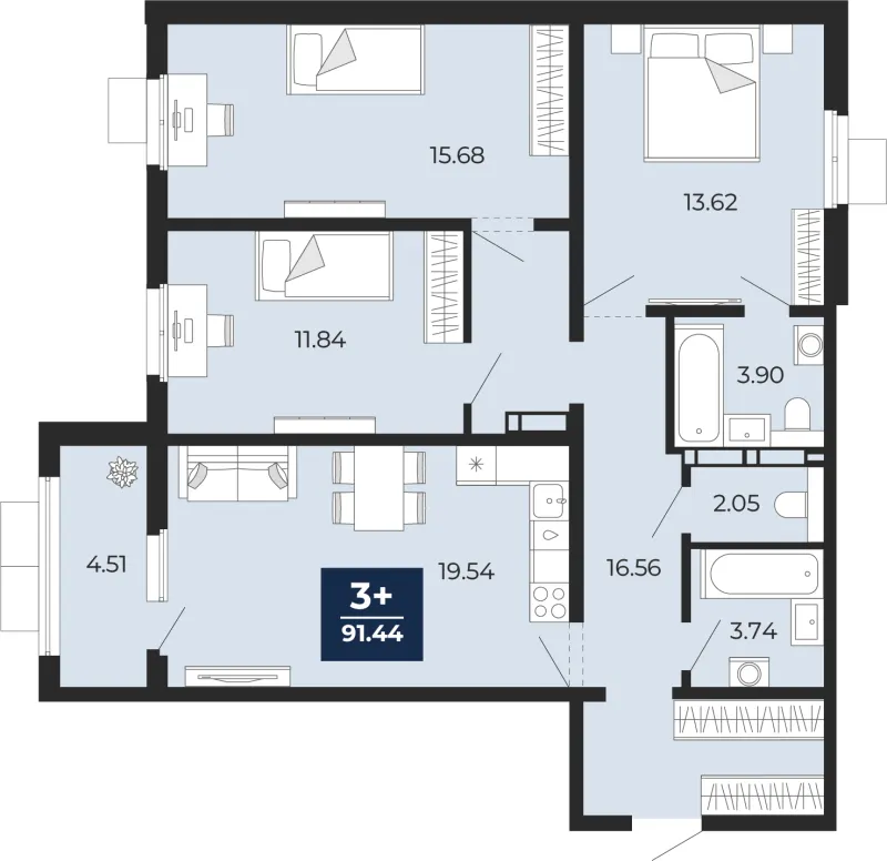 3-комн. 91.4 м²