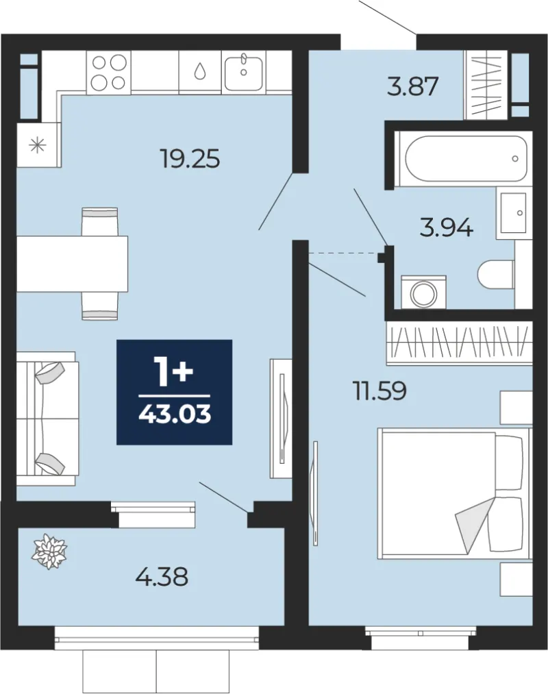 1-комн. 43 м²