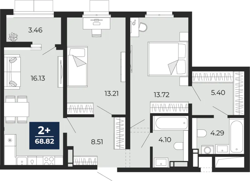 2-комн. 68.8 м²