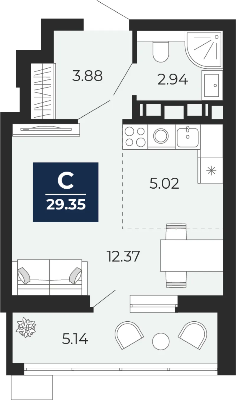 Студия 29.4 м²