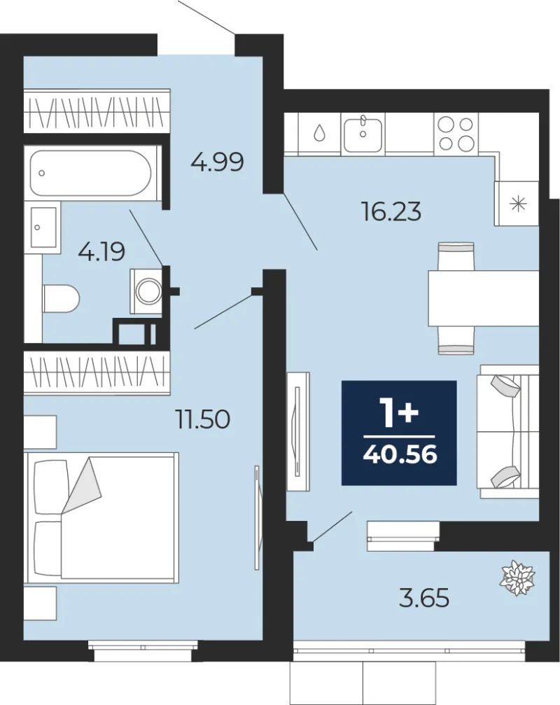 1-комн. 40.6 м²