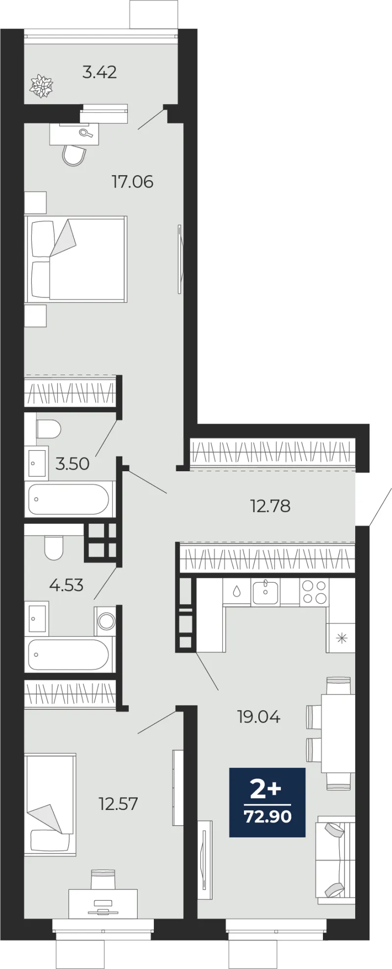 2-комн. 72.9 м²