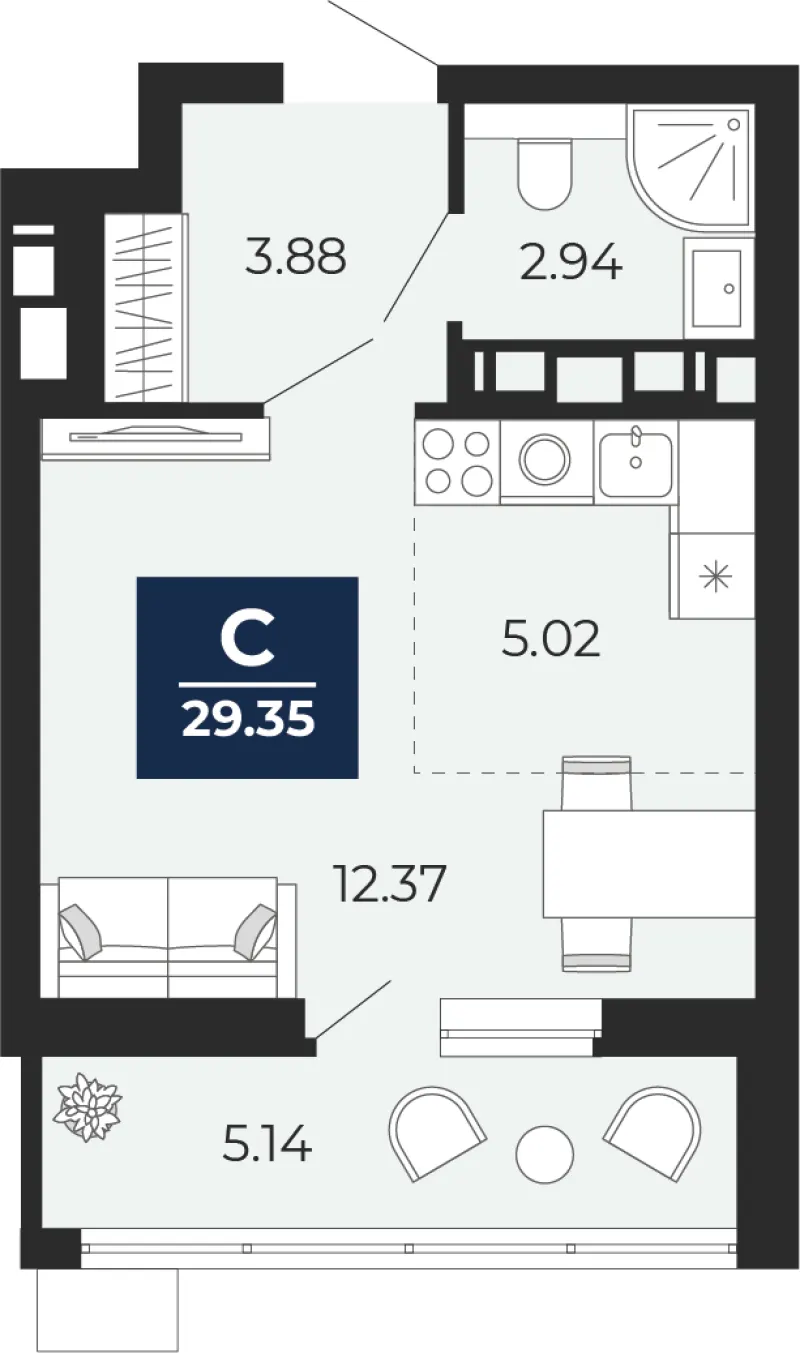 Студия 29.4 м²