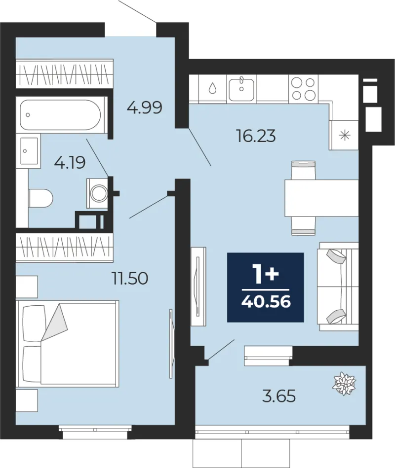 1-комн. 40.6 м²