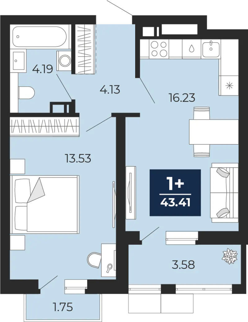 1-комн. 43.4 м²