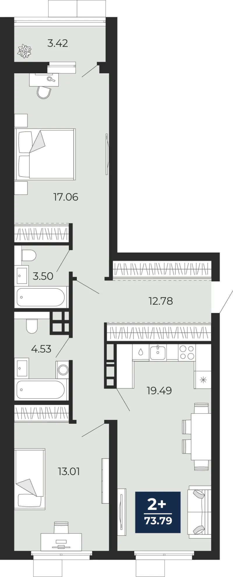 2-комн. 73.8 м²