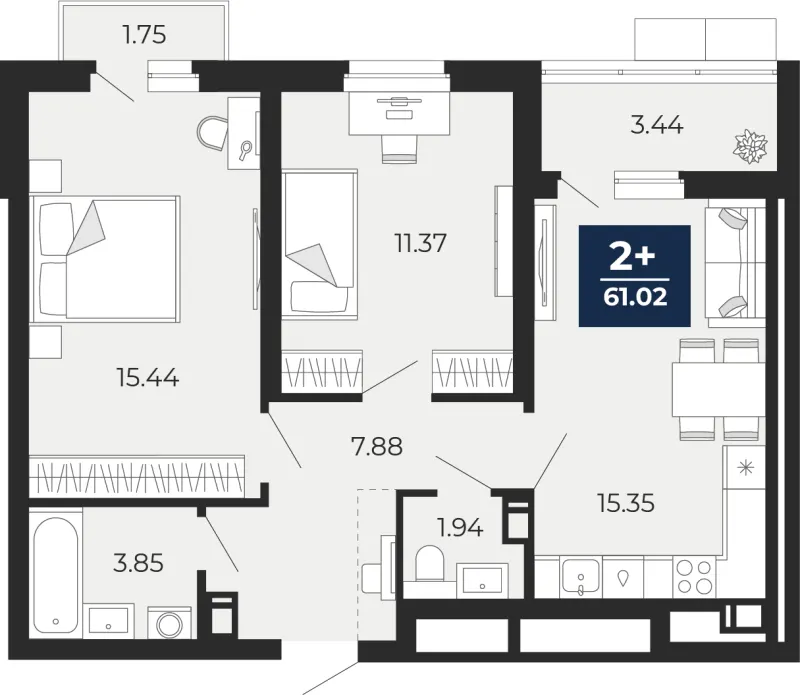 2-комн. 61 м²