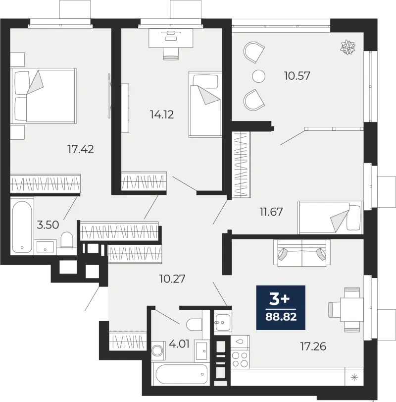 3-комн. 88.8 м²