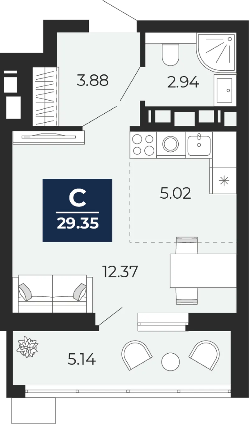Студия 29.4 м²