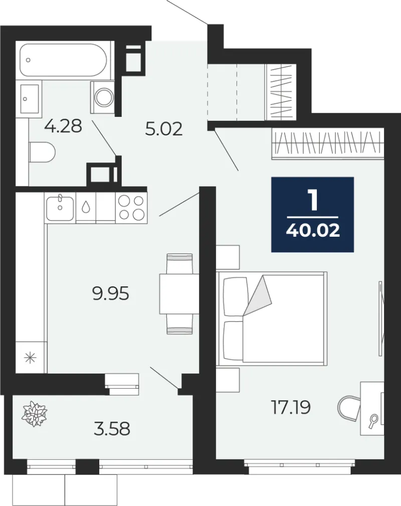 1-комн. 40 м²