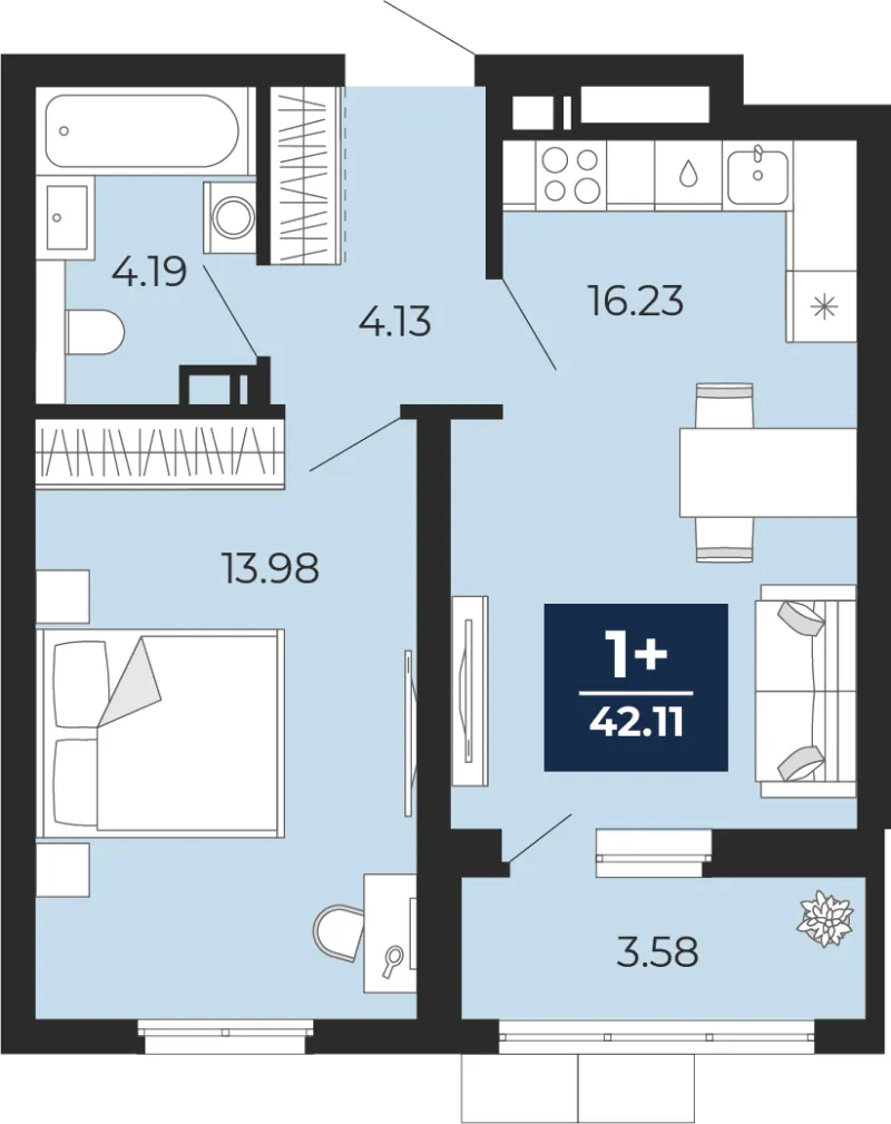 1-комн. 42.1 м²