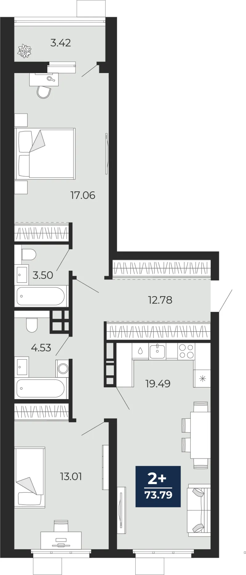 2-комн. 73.8 м²