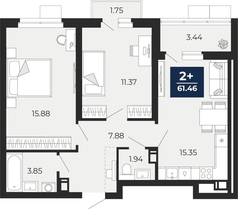 2-комн. 61.5 м²
