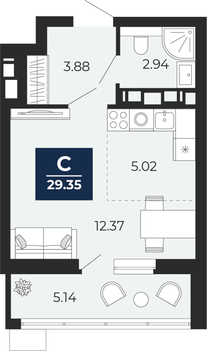 Студия 29.4 м²