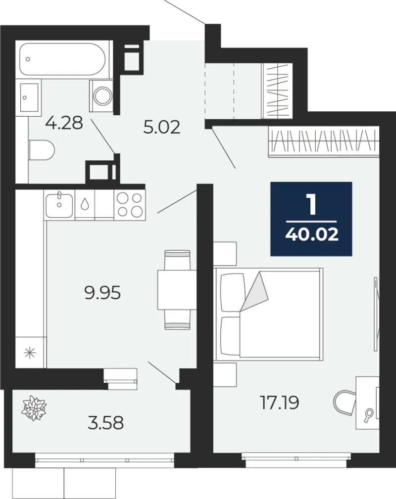 1-комн. 40 м²
