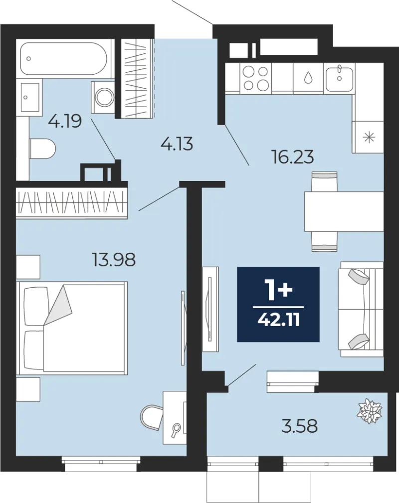 1-комн. 42.1 м²