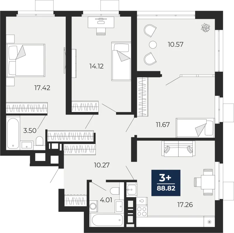 3-комн. 88.8 м²
