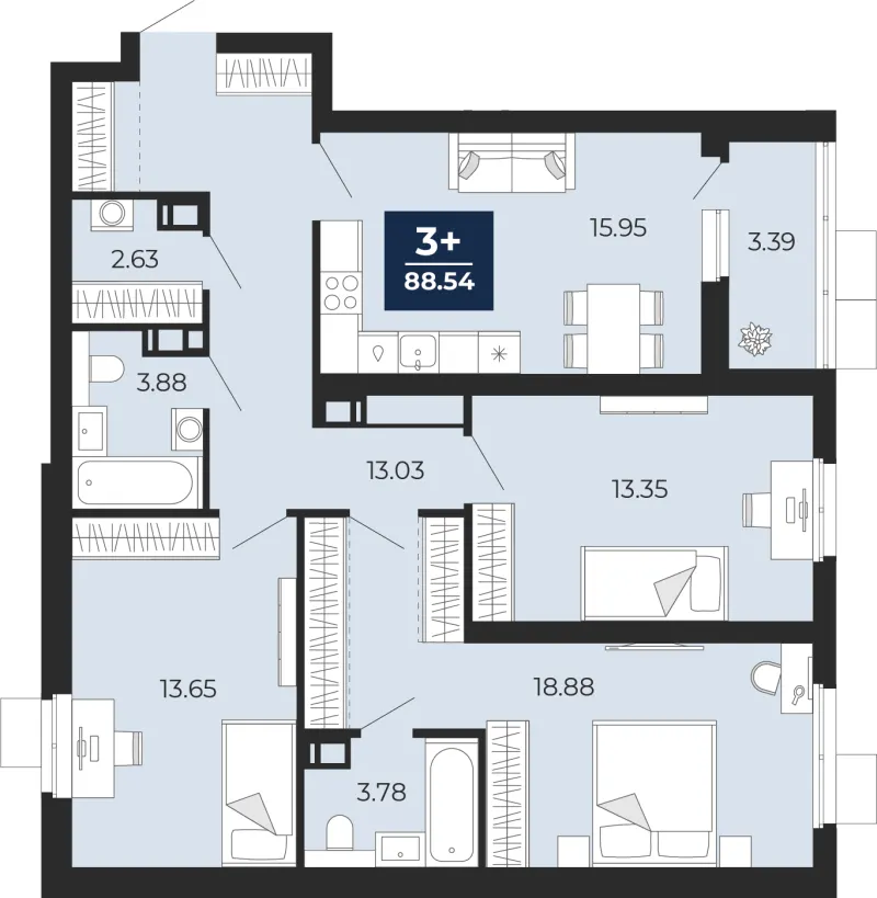 3-комн. 88.5 м²