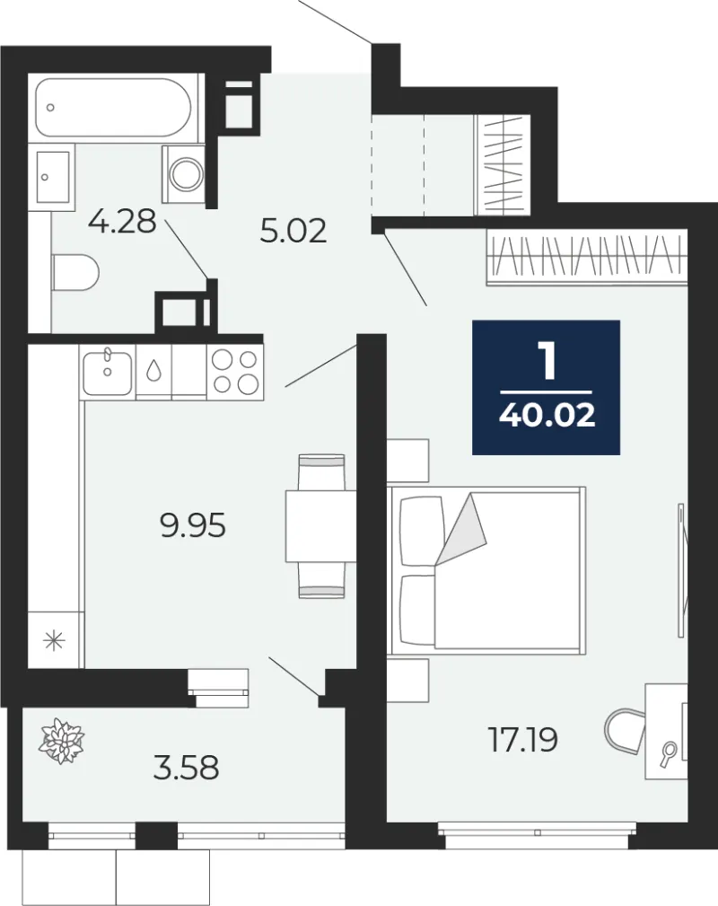 1-комн. 40 м²