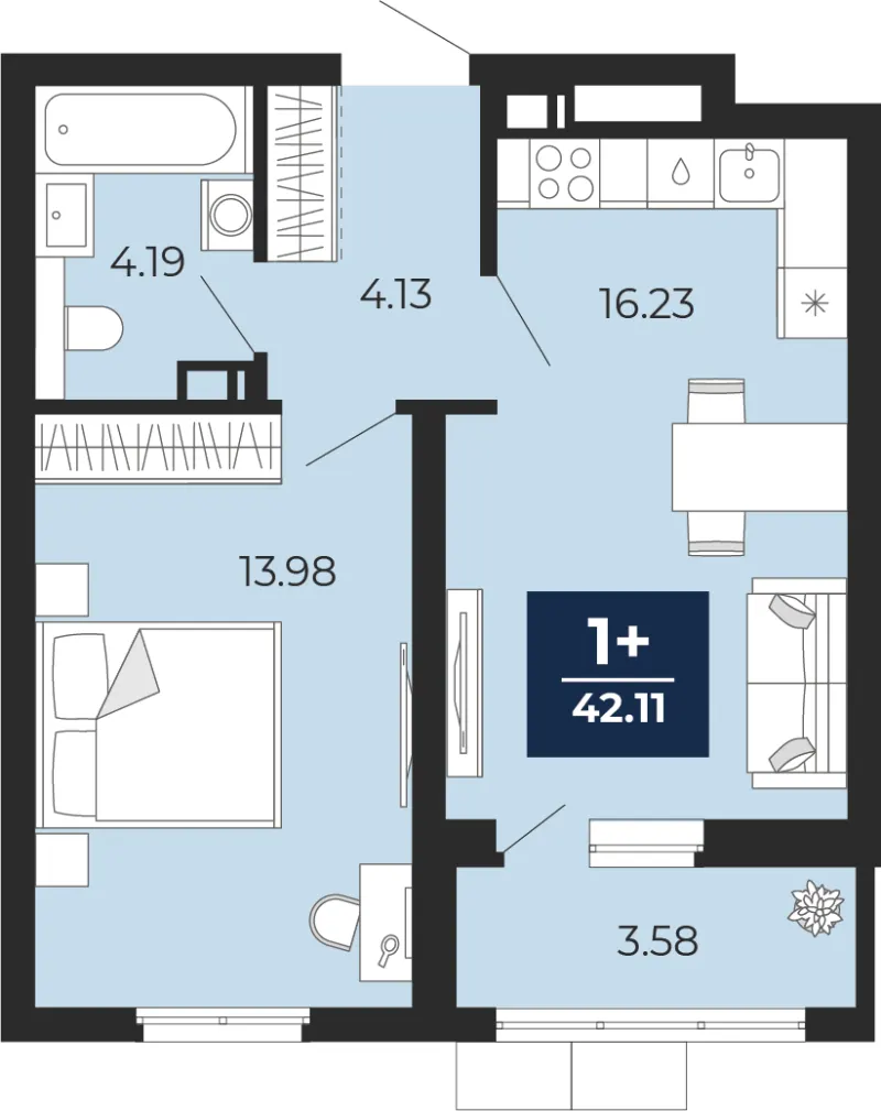 1-комн. 42.1 м²