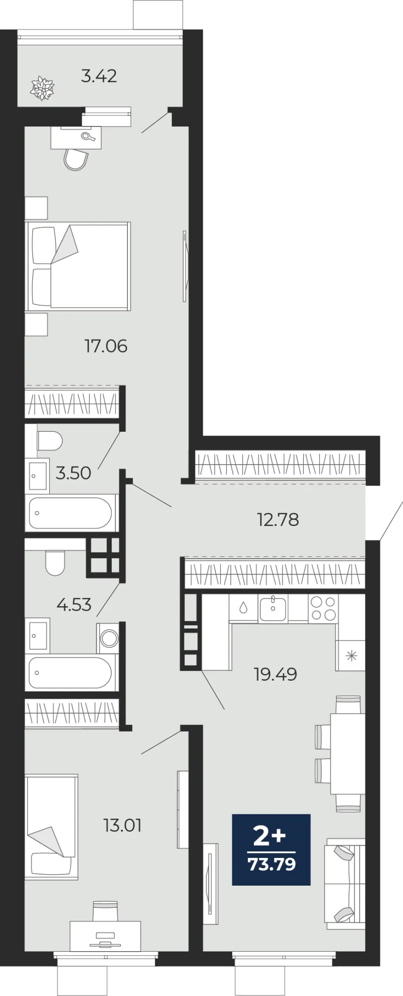2-комн. 73.8 м²