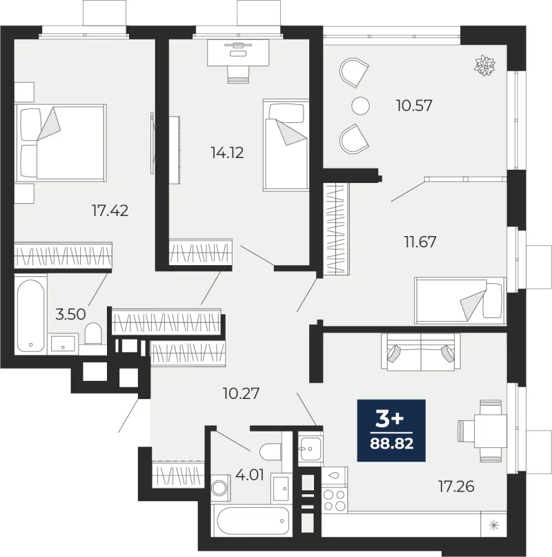 3-комн. 88.8 м²
