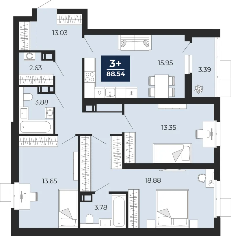 3-комн. 88.5 м²